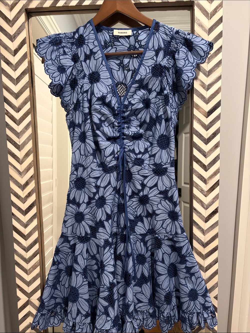 Sandro blue floral lace trim mini dress